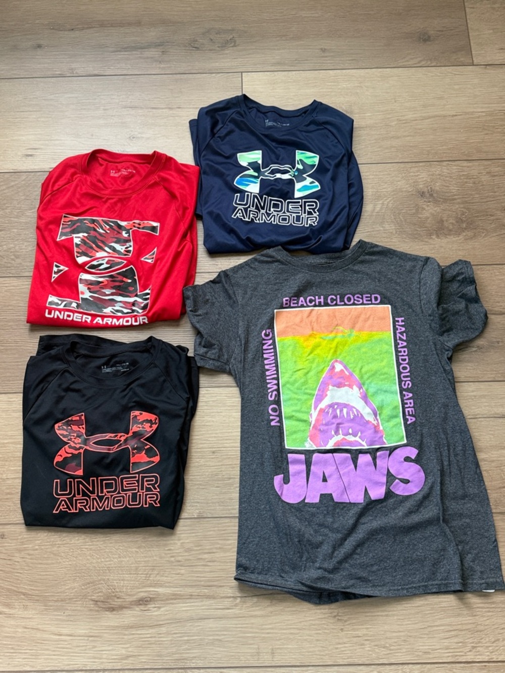 Under Armour Kids Short Sleeve Tees - Red, Navy, Black, Gray with Neon Graphic